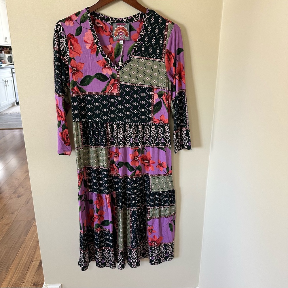 NWT JOHNNY WAS Zanda 3/4 Sleeve Tiered Tea Length Dress in Multi - Picture 5 of 7